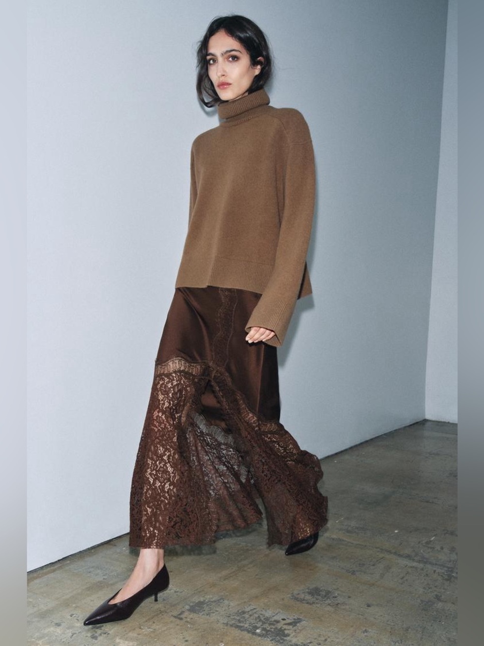 NWOT. Zara ZW Collection Brown High-waist Satin Midi Skirt with Lace. Size S. - Picture 3 of 14
